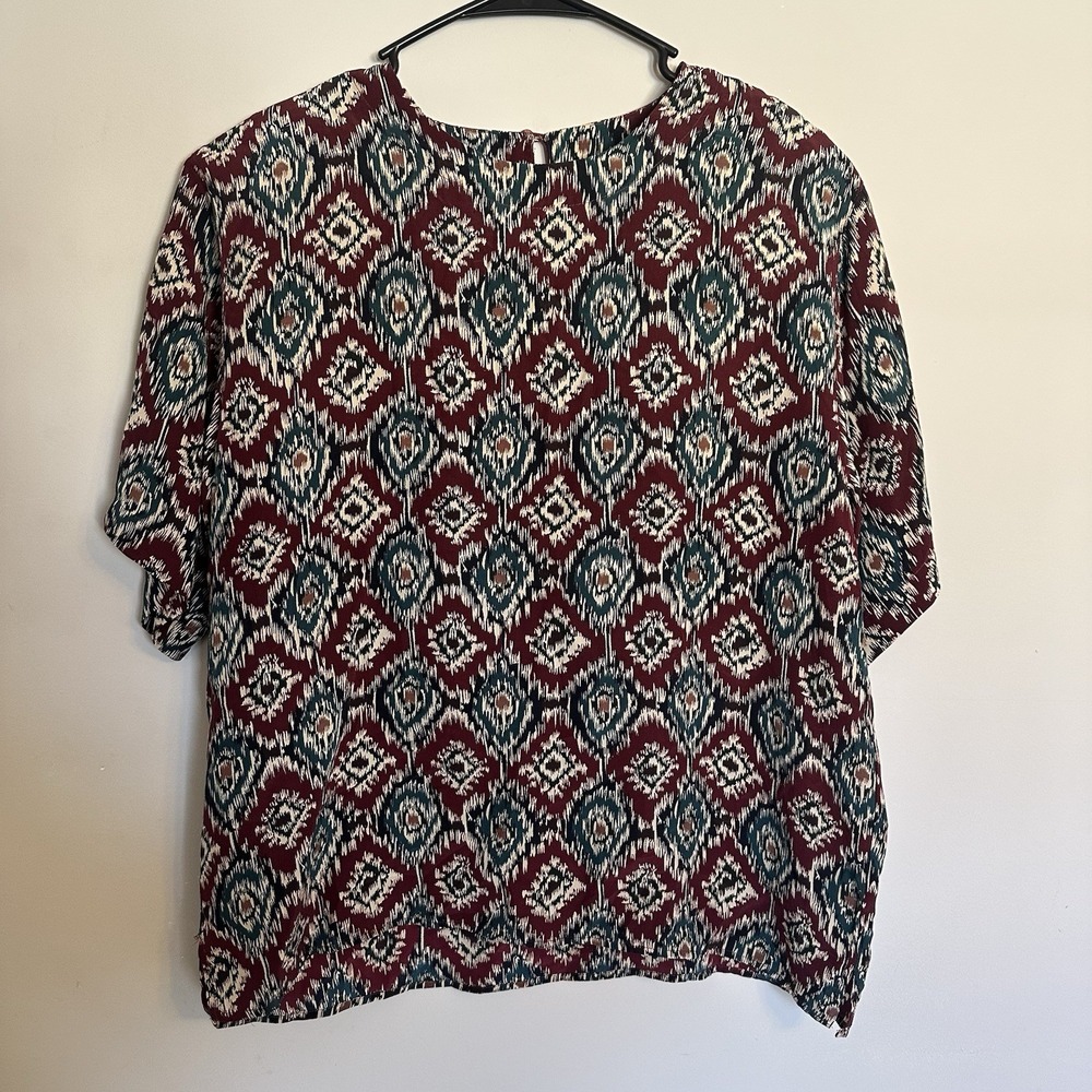 Vintage Douglass 100% Silk Blouse Maroon Teal Ikat Pattern Large Short Sleeve